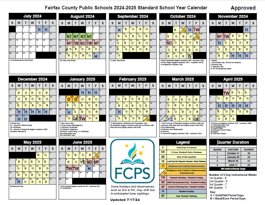 Standard School Year Calendar (Gold/Black Day Schedule)